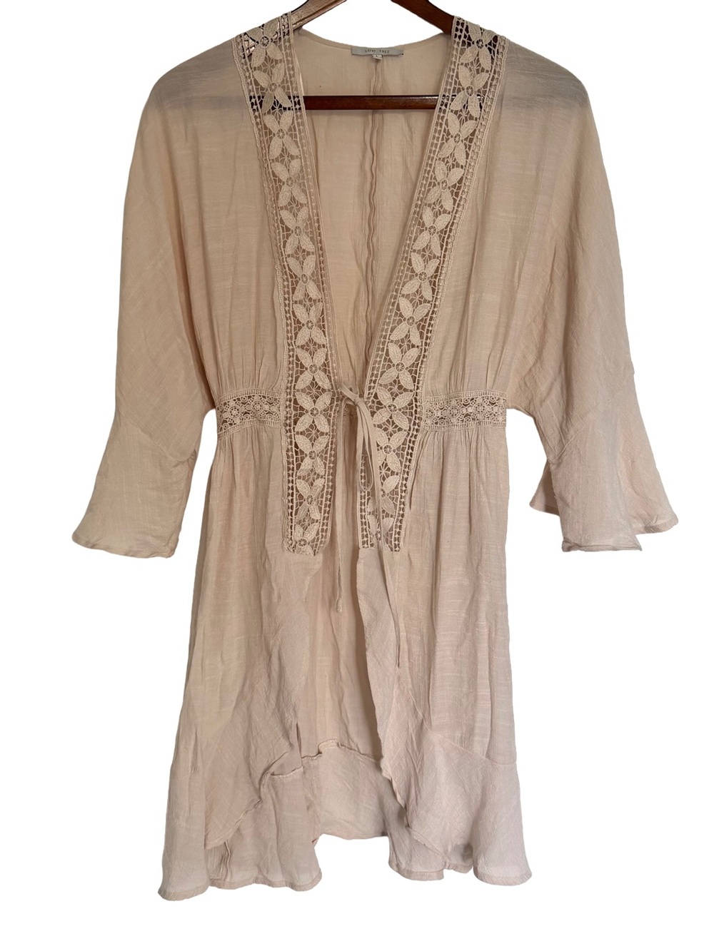 Love Tree Boho Cardigan Blush Beige Open Front Tie L Crochet Trim Flowy
